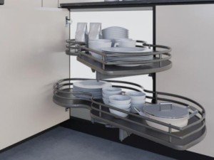 Rotating full extraction shelves for corner base unit